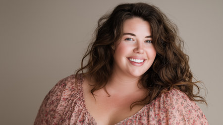 Close-up portrait of a beautiful smiling plus size woman. Confident and happy model with wavy brown hair, wearing a floral top for fat women. Studio shot with a neutral background showcasing naturalの素材