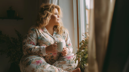Pensive fat women sits near a window in floral pajamas, enjoying a morning coffee. She is relaxing at home feeling cozy and comfortable in natural light, embracing self-care and positive vibesの素材