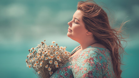 A serene image of fat women enjoying a peaceful moment with nature holding a bouquet of daisies, basking in sunlight with a gentle smile. Representing joy and happiness.の素材