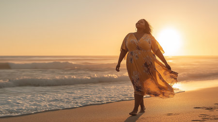 Beautiful fat women enjoying the sun on the beach. The golden hour creates a warm and inviting atmosphere. Perfect for representing happy fat women on summer vacation or enjoying natureの素材