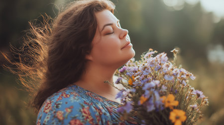 A content fat women woman embracing nature with a bouquet of flowers in a sunlit meadow, exuding peacefulness and beauty. This image embodies natural light and serene calmness.の素材