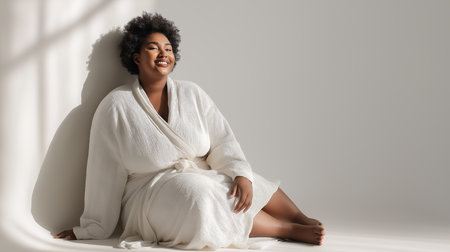 Smiling fat women plus size model sitting in white robe enjoying sunlight, representing body positivity and self-care. Captured in studio setting, this image highlights natural beauty and wellbeing.の素材