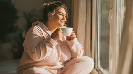 A contented fat women is enjoying a cup of coffee by the window in cozy pink pajamas. She looks happy and relaxed in the sunlight at home and exudes body positivity and confidence in her appearanceの素材
