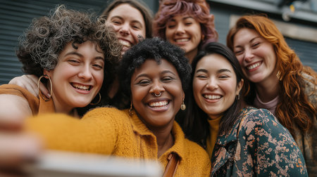 A happy and diverse group of fat women smiling and taking a selfie together. They are enjoying a moment of friendship and connection, showcasing positive and joyful emotions. Capture the essence ofの素材