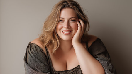 Elegant portrait of confident fat women plus size model smiling looking at the camera with a positive expression. Charming indoor headshot with natural light and graceful pose portraying beauty andの素材