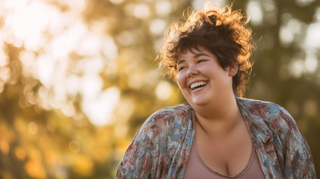 A happy fat women is laughing in the golden light of a sunny day in a positive mood. This portrait showcases genuine joy and natural beauty. Celebrate body positivity and joyful moments with thisの素材