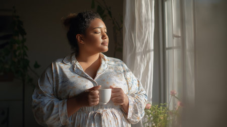 A serene morning moment with fat women in pajamas, basking in sunlight near window. Enjoying a cup of coffee at home, finding peace in simplicity. Embodying comfort, contentment and relaxed lifestyle.の素材