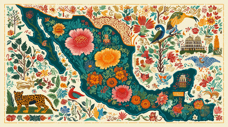 Intricate and colorful floral illustration featuring a detailed Mexico map adorned with native animals, landmark buildings and vibrant flowers. An artistic depiction of Mexico. Perfect for travelの素材