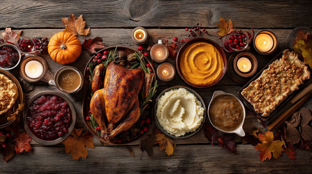 Overhead view of a beautifully arranged festive autumn Thanksgiving dinner with roasted turkey, pumpkin squash and an assortment of side dishes and candles set on a rustic wooden tableの素材