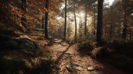 A sunlit path winds through an autumn forest with golden leaves creating a tranquil fall scenery. The light shines through the trees adding a peaceful touch to the natural woodland environment.の素材