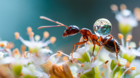 Macro shot of an ant carrying a water drop on a flower. Nature wildlife photography of the small insect in detail with soft focus background. A miniature world of colors and blooms in nature's artの素材