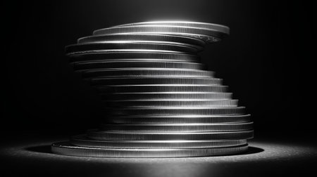 This is a monochrome image of a stack of coins. The contrast between light and shadow emphasizes the metallic texture. Focus on finance, saving and investmentの素材