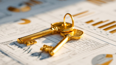 Golden Keys unlock a new analysis of investment financial success through charts data and business reports for sustainable growth economy and money managementの素材