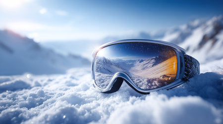 Ski goggles reflecting a stunning mountain view, showcasing a winter travel adventure. A beautiful, sunny scene highlights nature's beauty. Snow peak, adventure, ski, tourism, travel equipment gogglesの素材