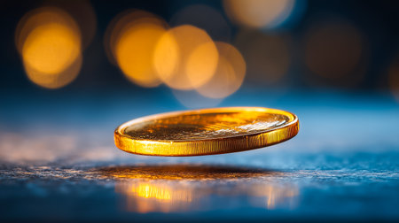 A single golden coin hovers above a sleek blue surface, reflecting light beautifully. Represents finance, wealth, and investment opportunities. Consider this coin for business and finance visuals toの素材