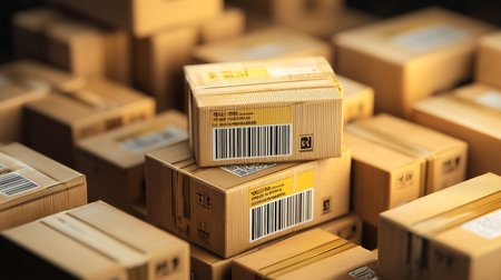 Stack of boxes for shipping with barcode. Secure package delivery and shipping ready for logistics distribution to a destination. Cardboard containers for export, import and order. Warehouse, post,の素材
