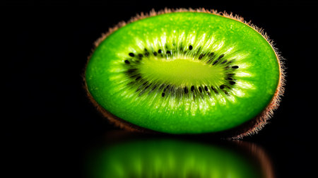Macro studio shot of a green kiwi slice featuring its seeds and pulp against a dark background. A reflective surface adds visual depth. The green tones are natural and vibrant, suggesting freshnessの素材