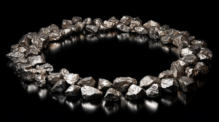 Frame of metallic rocks in circle shape on a dark surface, ore specimen. Blank space and minerals for copy space and shiny metal designs. Geology texture and dark background of ore frame withの素材