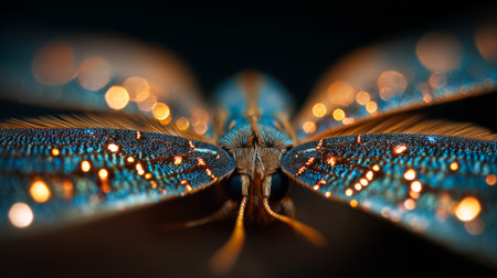 A beautifully detailed close-up of moth wings featuring abstract designs and golden bokeh lights. Intricate patterns and textures showcase delicate details. Illuminated shining insect for creativeの素材
