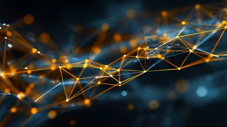 Sophisticated technology networking background with abstract geometric polygonal structure and glowing lines. Connection digital background with glowing structure offers a virtual, modernの素材