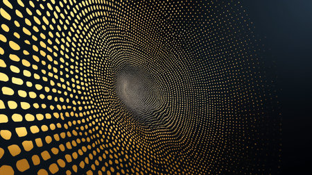 Golden dot tunnel illustration on dark backdrop, a modern design concept. The elegant halftone gradient pattern adds a luxurious touch. Use this creative render graphic for your digital projects,の素材