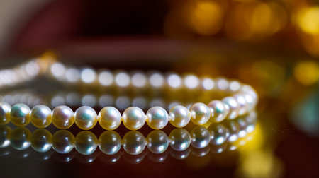 A string of pearls on reflective surface showcases luster and elegance. The pearl necklace conveys a feeling of softness and refinement. Glossy, Expensive, Shimmering, Light, Treasureの素材