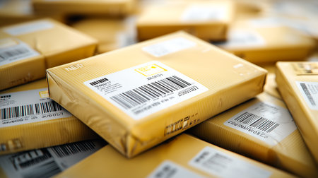 A stack of shipping boxes with tracking labels, showcasing ecommerce logistics and package delivery. The parcels are ready for shipment, representing business, online retail, and productの素材