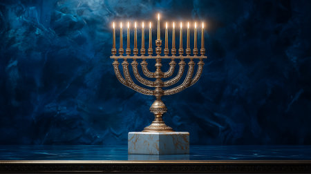 Close-up of a golden Hanukkah menorah with lit candles, against a dark blue, festive background. The warm candlelight illuminates the scene, creating a spiritual and celebratory ambience, perfectの素材