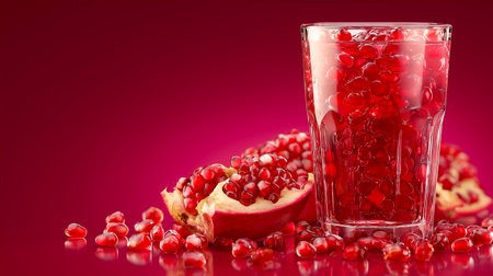 Vibrant pomegranate seeds fill a glass, accompanied by halved fruits on a rich red background. Represents freshness, juice, and healthy lifestyle. Antioxidant rich with ruby color and healthy fruitsの素材