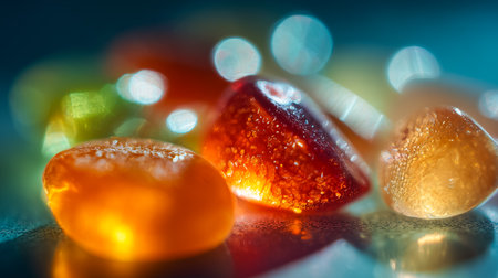 Macro close-up shot of amber crystals with shiny surface, a bright glow and bokeh background. A dreamy fantasy with gems stones reflections. Elegant and precious, a textured surface design. Waterの素材