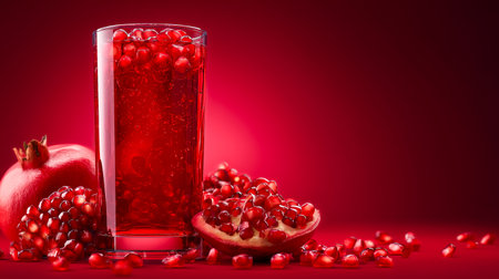 A ruby red pomegranate juice fills a glass alongside fresh fruit. This nutritious and antioxidant-rich beverage is a vibrant refreshment. Seeds spill around the still life on a textured redの素材