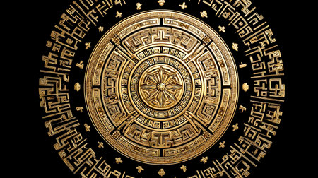 Intricate gold mandala emblem with circular ornate design on a black pattern texture background. This geometric golden treasure represents luxury and ancient art, offering a rich and detailed mysticの素材