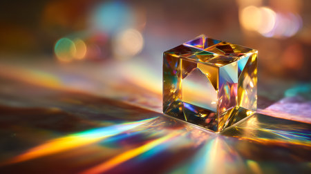 A stunning prism cube scatters rainbow light with colorful spectrum reflections against a soft bokeh background. This glass object, perfect for creative projects, illuminates elegance and artisticの素材