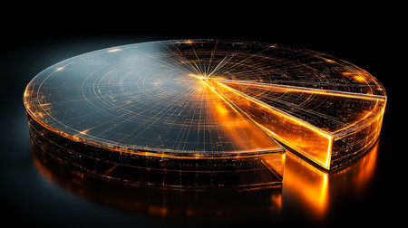 Abstract futuristic golden pie chart, reflecting data analysis and business insights. Visualization highlights financial data, emphasizing growth, investment, and successful market share. Use pieの素材