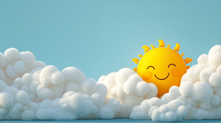 A cute smiling sun peeks out from fluffy clouds against a clear blue sky. The whimsical scene evokes feelings of happiness, optimism and peacefulness. Sunshine warms the dreamlike landscape, aの素材