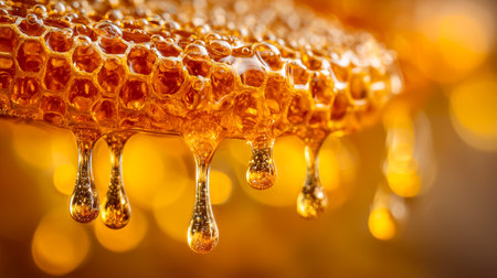 Macro shot capturing golden honeycomb dripping with sweet honey. Natural, organic, and delicious, the honey drips evoke a sense of healthy eating, fresh ingredients, gourmet food, and the liquidの素材