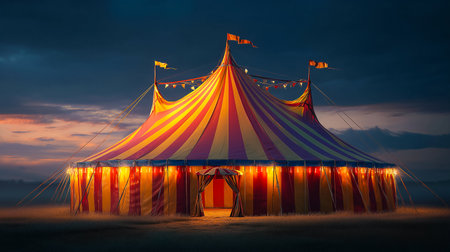 A captivating circus tent stands illuminated against a moody twilight sky. The vibrant stripes and glowing lights create a nostalgic and magical atmosphere, inviting viewers to a world ofの素材