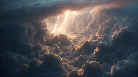 Dramatic storm clouds with lightning strikes illuminate the sky. The scene shows weather patterns, power, and the danger of storms. Great for impactful visuals. Dark sky, light rays, clouds,の素材
