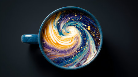 Overhead shot of a coffee cup containing swirling liquids resembling a vibrant galaxy. Explore the cosmic swirl and celestial pattern in this colorful beverage. Fantasy, art, swirl, foam, and cafe.の素材