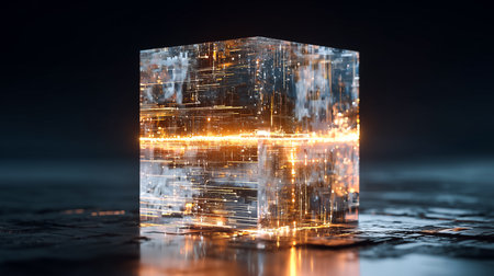 Futuristic abstract cube with glowing light. This technology design features a modern digital network structure. A creative graphic illustration for artificial intelligence and innovation. Data withの素材