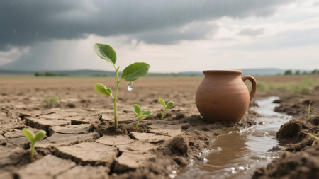 An image capturing the essence of resilience and hope, featuring a vibrant green sprout emerging from a parched, cracked earth. A clay pot sits nearby, alongside trickles of water, as raindropsの素材