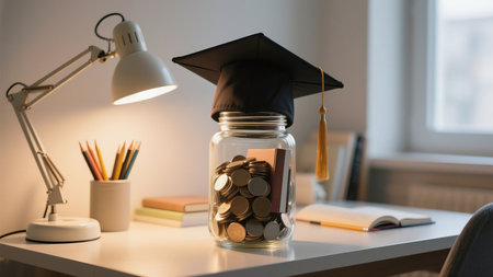 A graduation cap is placed on a jar filled with coins, symbolizing saving and investment for education, with a focus on future financial planning and the importance of funding higher education. Thisの素材