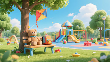 A captivating image of a charming playground with a teddy bear seated on a bench alongside a backpack under a tree with a colorful kite. The scene exudes childhood joy with slides swings and variousの素材