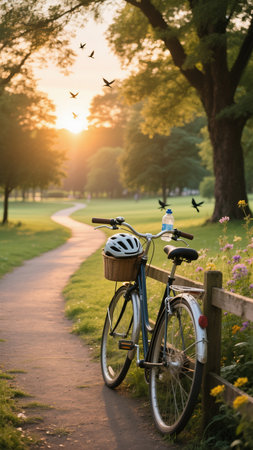 Captured is a bicycle leaning on a wooden fence beside a winding path in a lush park, either at sunrise or sunset. The warm light filters through the trees, creating a serene atmosphere. This imageの素材