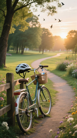 A vintage bicycle rests along a winding path in a lush park, basking in the soft glow of early morning sunlight. A helmet casually hangs on the handlebars, inviting viewers to imagine a peacefulの素材
