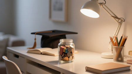 This image represents saving for education, showing a graduation cap and a jar full of coins on a desk under the warm light of a lamp. The open book and pencils suggest studying and preparation forの素材