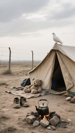 This image evokes feelings of displacement and resilience. A teddy bear sits on a blanket next to a tent with a dove perched on top. A small fire burns nearby, suggesting temporary shelter and theの素材