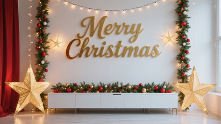 Christmas interior decor featuring a white cabinet, golden star decorations, 'Merry Christmas' sign, and lights against a white wall. The space is adorned with festive ornaments, garlands, andの素材