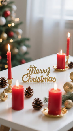A captivating shot captures a Christmas scene featuring red candles on a white table adorned with pinecones and ornaments. The warm glow of the candles creates a cozy ambiance, perfectlyの素材