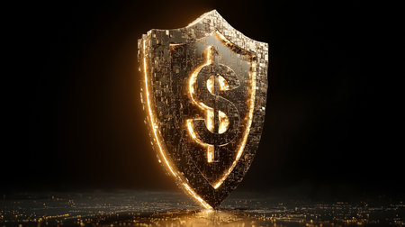 Golden shield depicting dollar symbol. Financial protection technology, security investment and savings, ensuring safety secure. This modern shield is a cyber banking design for the future. Theの素材